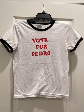 White Short-Sleeve Tee with Black Trim and Red 'Vote for Pedro' Graphic